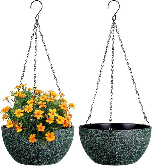 8 inch Small Hanging Planters for Indoor Outdoor Plants, 2 Pack Hanging Flower Pots with Drainage Holes and Chain, Plastic Hanging Baskets for House Plants, Black with Green Speckles-CasaMuseHome