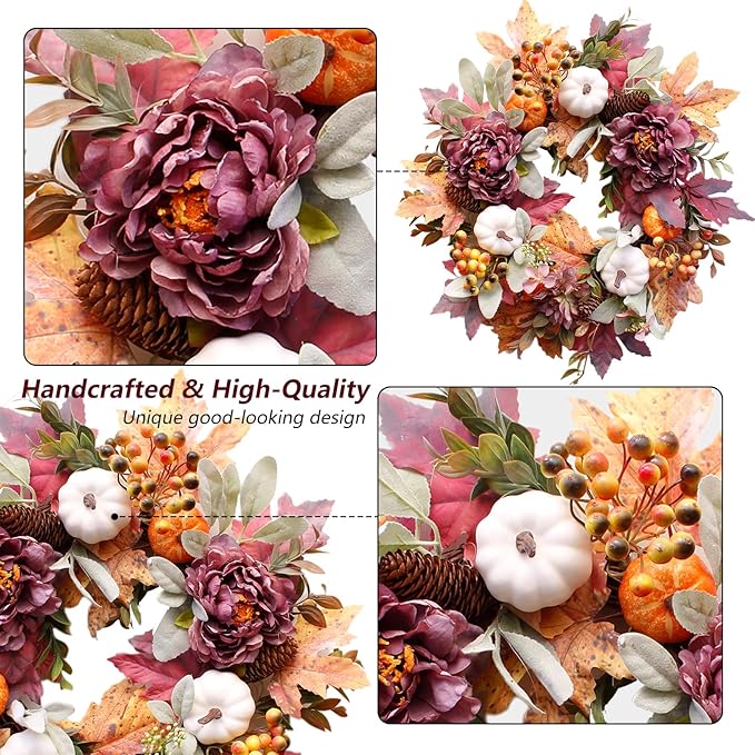 20Inch Fall Wreaths for Front Door,Fall Wreath,Fall Decorations for Home,Autumn Wreaths with White Pumpkins Peony Pine Cones, Fall Door Wreath for Thanksgiving Halloween Indoor Outdoor Decor-CasaMuseHome