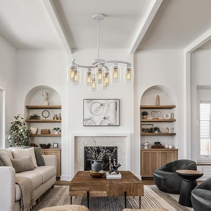 9-Light Antique White Chandelier with Clear Glass Shade, French Country Chandeliers for Dining Room, Adjustable Height Hanging Chandelier for Kitchen Island Living Room Foyer Bedroom-CasaMuseHome