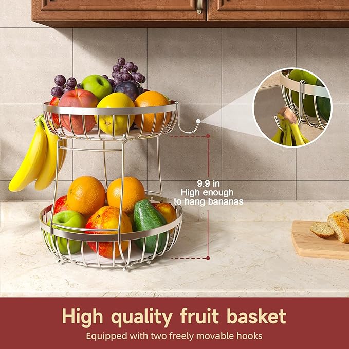 2 Tier Fruit Basket for Kitchen Counter with 2 Banana Hangers, Metal Stackable Fruit Bowl for Kitchen Counter for Bread Vegetable Fruits, Silvery-CasaMuseHome