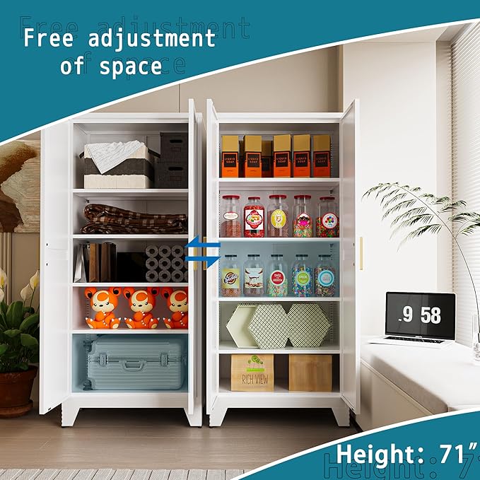 71'' Farmhouse Metal Storage Cabinet with Barn Doors,Steel File Cabinet for Home Office,Kitchen Pantry 4 Adjustable Shelves,Freestanding Cupboard for Kitchen,for Home Office,School (White)-CasaMuseHome