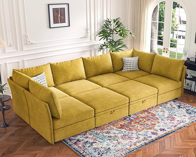 136.4" Oversized Modular Sectional Sleeper Sofa Bed, U Shaped Convertible Couch with Movable Ottoman, Large 8 Seat Corner Couches for Living Room Deep Seat Yellow Chenille-CasaMuseHome