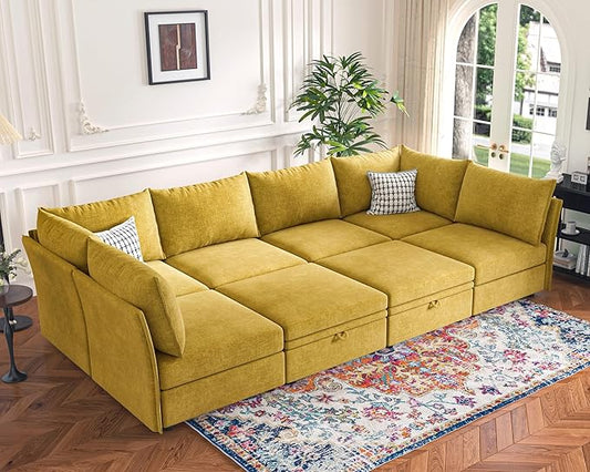 136.4" Oversized Modular Sectional Sleeper Sofa Bed, U Shaped Convertible Couch with Movable Ottoman, Large 8 Seat Corner Couches for Living Room Deep Seat Yellow Chenille-CasaMuseHome