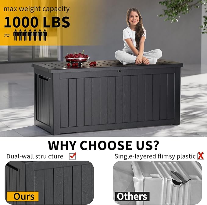 270 Gallon Outdoor Storage Box Waterproof Lockable Resin Deck Box Large, Patio Storage Bin for Pool Accessories Cushion Furniture, Garden Tools, UV-Resistant Outside Delivery Black-CasaMuseHome