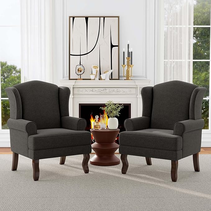 Accent Chair, High Back Upholstered Armchair with High Resilience Sponge & Wood Legs, Mid-Century Modern Comfy Single Sofa Reading Chairs for Living Room, Bedroom (Dark Grey, Set of 1)-CasaMuseHome