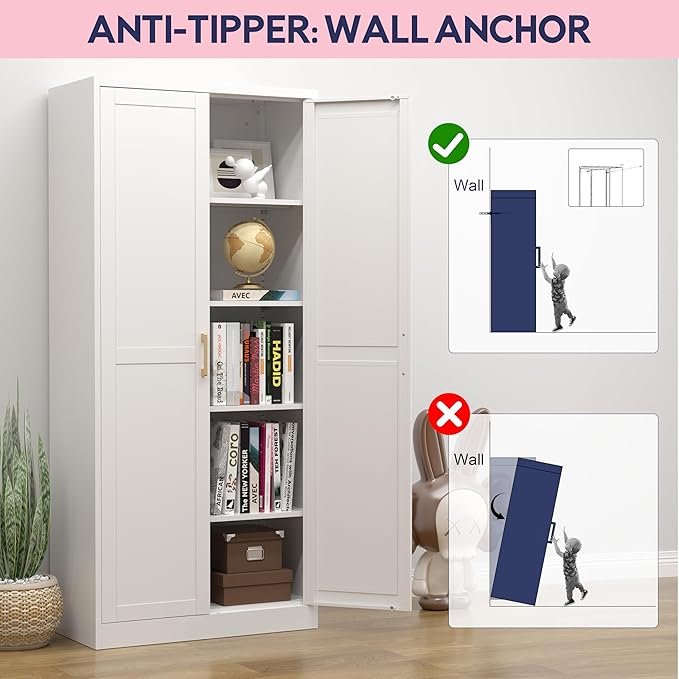 71" Storage Cabinet, Metal Pantry Cabinet, Kitchen Pantry Storage Cabinets with Doors and 4 Shelves, Cabinets for Laundry Room, Living Room, Dinning Room, Assembly Required, White-CasaMuseHome