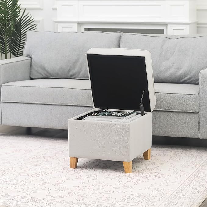 Adeco 17.5" Square Fabric Ottoman with Storage - Upholstered Cotton Linen Foot Rest - Flip Top Footstool with Sturdy Wood Legs, Small Cube Coffee Table Extra Seat for Living Room, Bedroom, White-CasaMuseHome