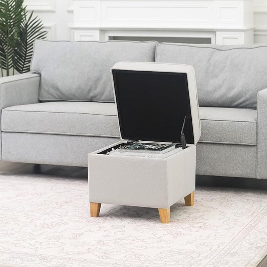 Adeco 17.5" Square Fabric Ottoman with Storage - Upholstered Cotton Linen Foot Rest - Flip Top Footstool with Sturdy Wood Legs, Small Cube Coffee Table Extra Seat for Living Room, Bedroom, White-CasaMuseHome