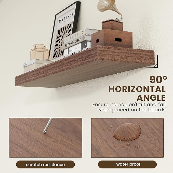 12 Inch Deep Floating Shelves, 48W x 12D Rustic Large Floating Shelves, Deep Walnut Wood Wall Shelves Set of 1 for Living Room Bathroom Laundry Room Bedroom Kitchen Home Office - Walnut-CasaMuseHome