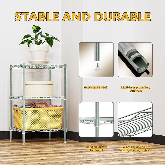750 lbs 3-Shelf Storage Shelves Wire Shelving Unit Standing Metal Rack for Small Places Narrow Wire Rack for Bathroom, Green 13.8 D x 13.8" W x 25.5" H-CasaMuseHome