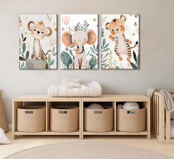 3 Pcs Safari Animals Nursery Canvas Wall Art Jungle Animals Cheetah Elephant Tiger Kids Room Illustration Pictures Wall Decor Posters Print Artwork for Classroom Boy's Girl's Room Bedroom-CasaMuseHome