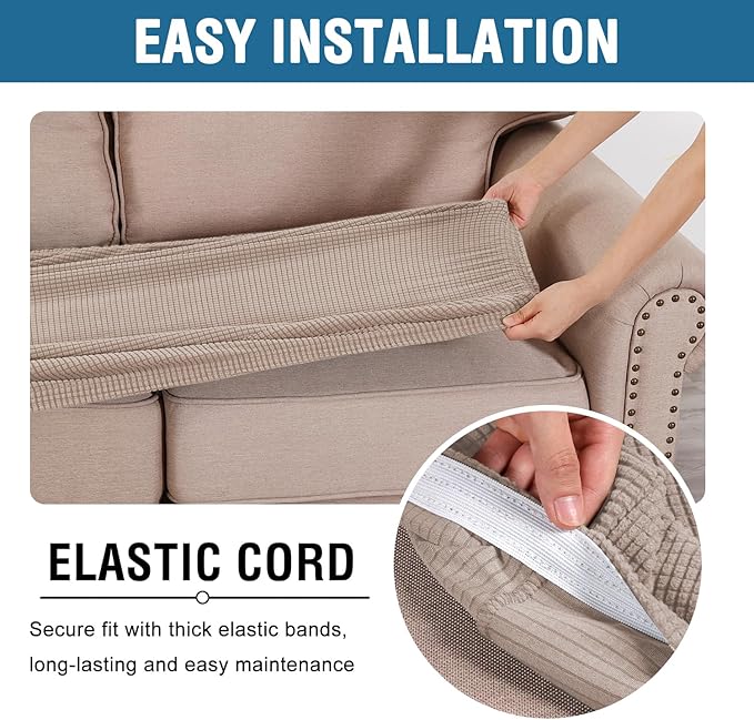 H.VERSAILTEX Super Stretch Individual Seat Cushion Covers Sofa Covers Couch Cushion Covers Slipcover Sets Thick Jacquard Textured Twill Fabric (1 Piece Loveseat Cushion Cover, Sand)-CasaMuseHome