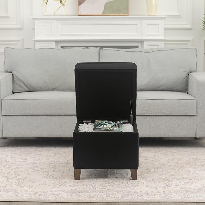 Adeco 17.5" Square Fabric Ottoman with Storage - Upholstered Cotton Linen Foot Rest - Flip Top Footstool with Sturdy Wood Legs, Small Cube Coffee Table Extra Seat for Living Room, Bedroom, Black-CasaMuseHome