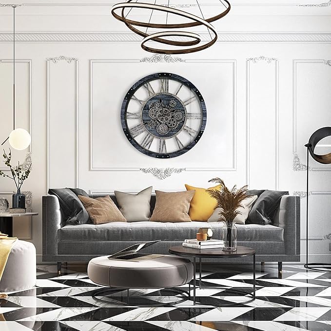 24 Inch Industrial Steampunk Wall Clock, Oversized Solid Wood Frame, Battery Operated, Large Wall Clock with Real Rotating Gears, Gray-CasaMuseHome