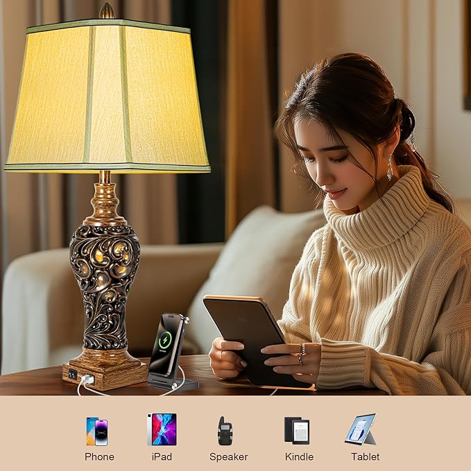 32'' Tall Rustic Vintage Table Lamps Set of 2 with Night Lights - Bedside Lamp with Faux Silk Shades for Bedroom and Living Room with 2 USB Charging Ports,Rustic Lamps for Living Room(Bulb Included)-CasaMuseHome