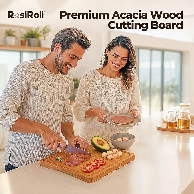 Acacia Wood Cutting Board for Kitchen - 0.8 inch Thick Wood Charcuterie Cheese Board with Side Handles and Juice Grooves, Wooden Chopping Block for Meat and Veggies, 13x10 inch-CasaMuseHome