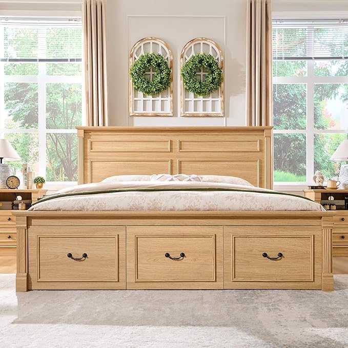 26" Tall Farmhouse Nightstand, 2 Drawers End Table w/Charging Station, 23.6" Wide Large Side Table w/Roman Column, Wood Rustic Sofa Table w/Open Shelf, Bedside Table for Bedroom, Natrual-CasaMuseHome