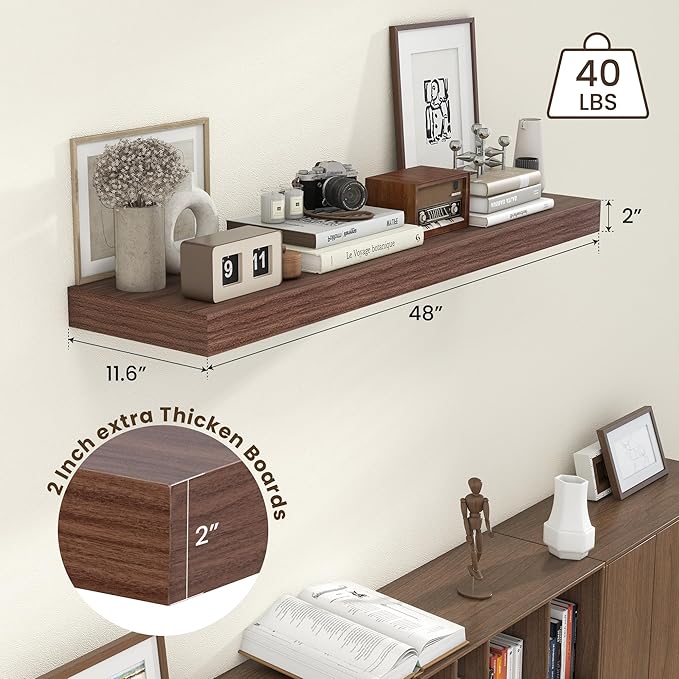 12 Inch Deep Floating Shelves, 48W x 12D Rustic Large Floating Shelves, Deep Walnut Wood Wall Shelves Set of 1 for Living Room Bathroom Laundry Room Bedroom Kitchen Home Office - Walnut-CasaMuseHome