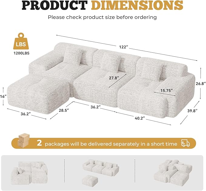 122" Modern L Shaped Modular Sectional Sofa, Boneless Couches for Living Room with Ottoman,4 Seater Convertible Chenille Cloud Couch Sofa Set, No Assembly Required, Beige 1 PCS-CasaMuseHome