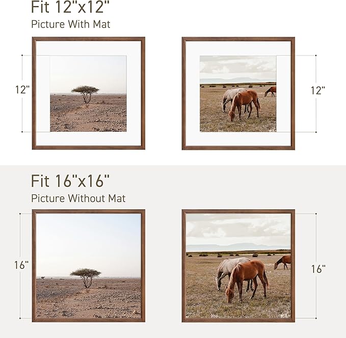 16x16 Picture Frame Natural Solid Walnut Photo Frames with 12x12 Removable Mat Wall Hanging Large Handcrafted Frame with HD Plexiglass Wall and Tabletop Display Large Poster Frame-CasaMuseHome