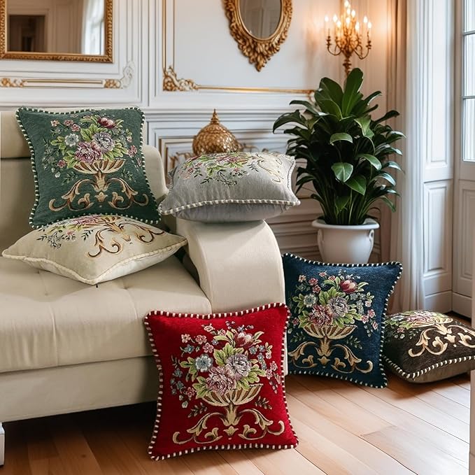 2 Pcs Grey Chenille Vintage Embroidered Throw Pillow Covers 18x18in,Grey Tassel Vintage Pattern Pillow Covers, Floral Embroidered Cushions Covers for Sofa Couch Bed Chairs Car-CasaMuseHome