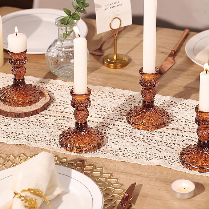 12Pcs Amber Candlestick Holders Set- 4" H Taper Candle Holders Bulk, Glass Candle Holders for Wedding, Party, Fall Dinner Table Centerpieces, Festival Gifts & Windowsill Decor-CasaMuseHome