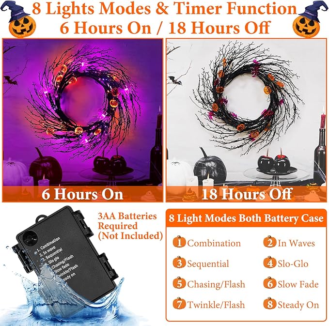 7 Ft 63 LED Halloween Willow Vine Twig Garland with 8 Modes Timer Orange Purple 21 Pumpkin Bats Lights,Halloween Garland with Waterproof Battery Operated for Indoor Wall Fireplace Decorations-CasaMuseHome