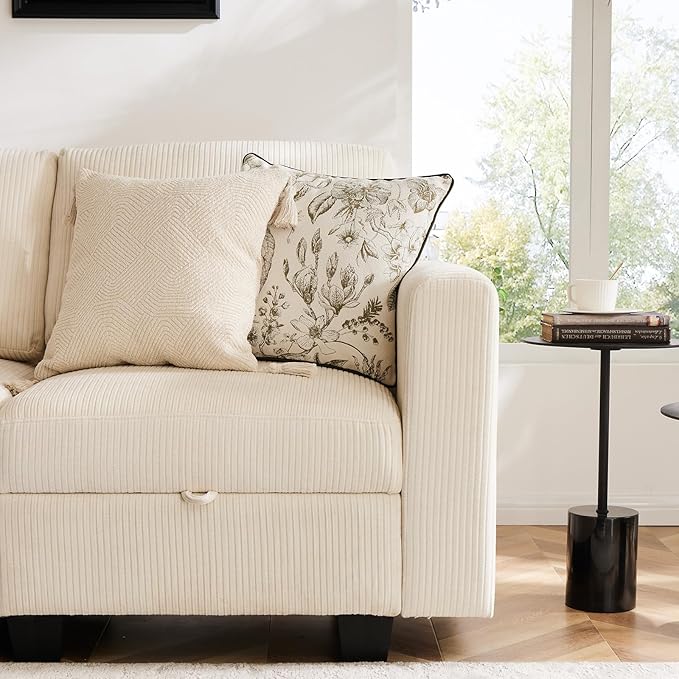 38.5 Oversized Accent Chair with Storage Ivory Corduroy, Single Modern Accent Sofa Chair with Arms for Apartment Living Room (21" Deep Seat)-CasaMuseHome