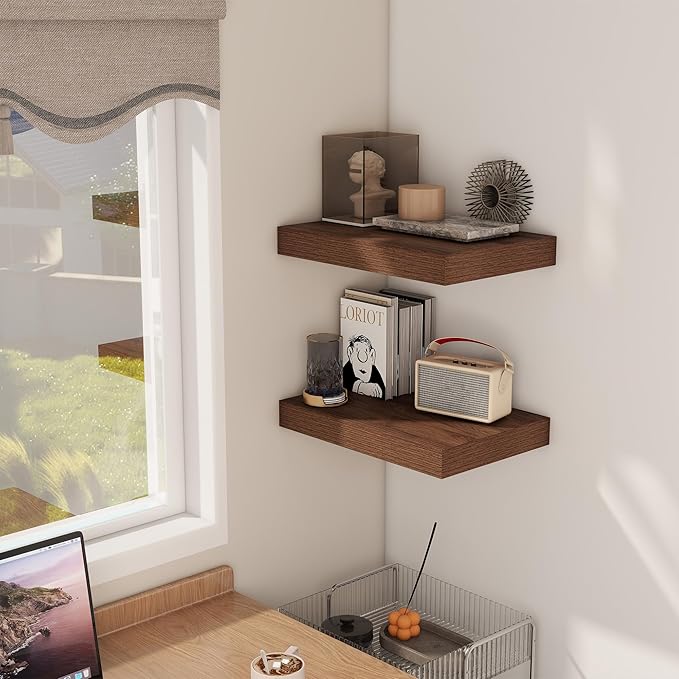 12 Inch Deep Floating Shelves, 16 x 12 Floating Shelf for Books, Rustic Wood Deep Wall Shelves for Home Storage & Display, 2" Thicked Shelves for Kitchen, Living Room, Bedroom, Walnut Color, 2 Pack-CasaMuseHome