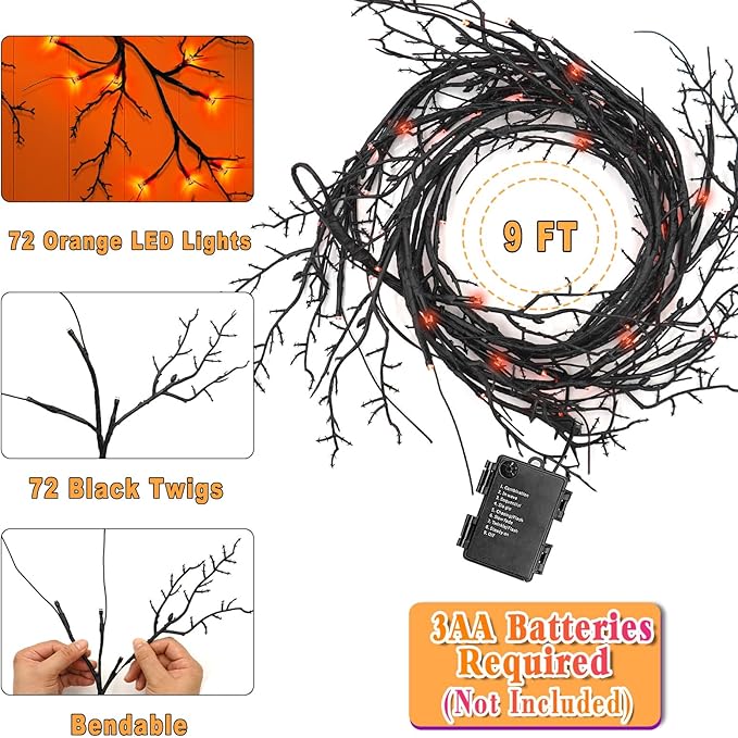 9 FT 72LED Halloween Willow Vine Twig Decor Branches Garland with Lights - 8 Modes Timer - Waterproof Battery Operated for Indoor Wall Fireplace Halloween Decorations-CasaMuseHome