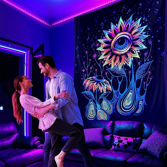ADDWel Blacklight Sunflower Tapestry, Hippie Eye Tapestry Glow In The Dark, UV Reactive Black Light Upright Posters Wall Hanging for Bedroom Dorm Living Room Backdrop Decor-CasaMuseHome