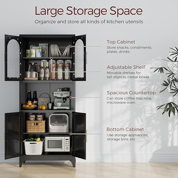 75" Tall Kitchen Pantry Cabinet, Metal Storage Cabinets with Acrylic Doors and Adjustable Shelves, Hutch Cabinet with Storage, Black Microwave Stand Cabinets for Dining Living Room-CasaMuseHome