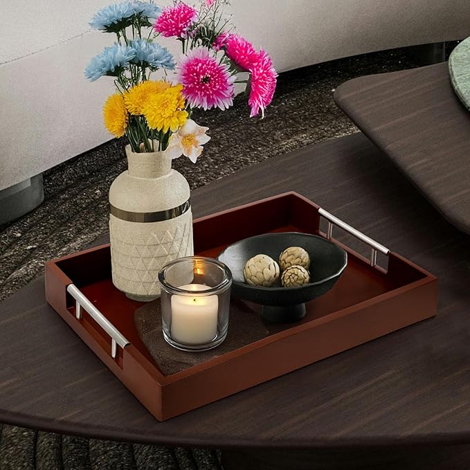 Acacia Wood Serving Tray with Handles - 17" x 13" Rectangular, Decorative Ottoman Tray for Living Room, Coffee Table, Breakfast in Bed, Candle Display-CasaMuseHome