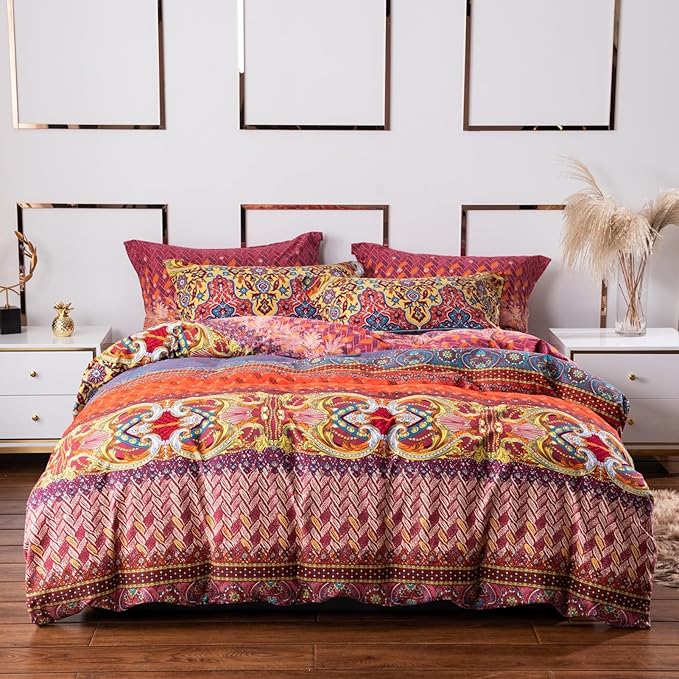 ABREEZE Bohemian Duvet Cover Set Colorful Orange Boho Retro Bedding Set Damask Paisley Cotton Duvet Cover Tribal Reversible Bedding Exotic Style Comforter Cover 3-Piece Cal.King-CasaMuseHome