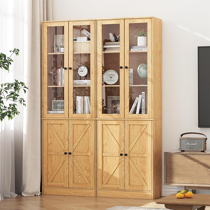 71" Tall Bookcases Set of 2, Bookshelves with Doors, 5-Shelf Bookcase with Storage, Wooden Bookshelf Floor Standing Display Storage Shelves Home Decor Furniture for Living Room,Bedroom,Natural-CasaMuseHome