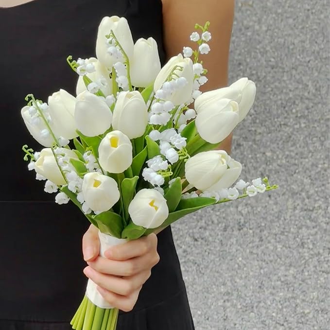 20pcs White Artificial Tulip Fake Flower 12.9 Inch Spring Mother's Day Easter Gift for Home Kitchen Wedding Decoration-CasaMuseHome