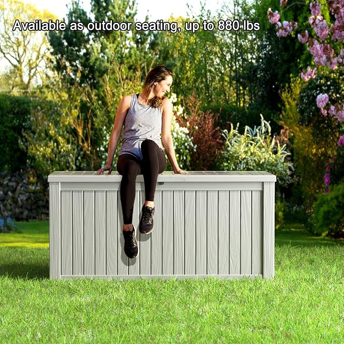 150 Gallon Deck Box,Resin Outdoor Storage Box with Lockable for Patio Furniture, Pool Accessories, Garden Tools Waterproof Outside Storage Box, Grey-CasaMuseHome