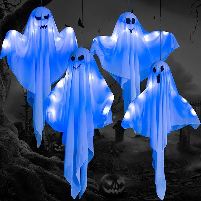 4 Pack Halloween Hanging Ghost Decorations, 27.5" Light Up Spooky Floating Ghosts with LED Glow, Waterproof Outdoor & Indoor Haunted House, Porch, Yard, Garden Party Decor-CasaMuseHome