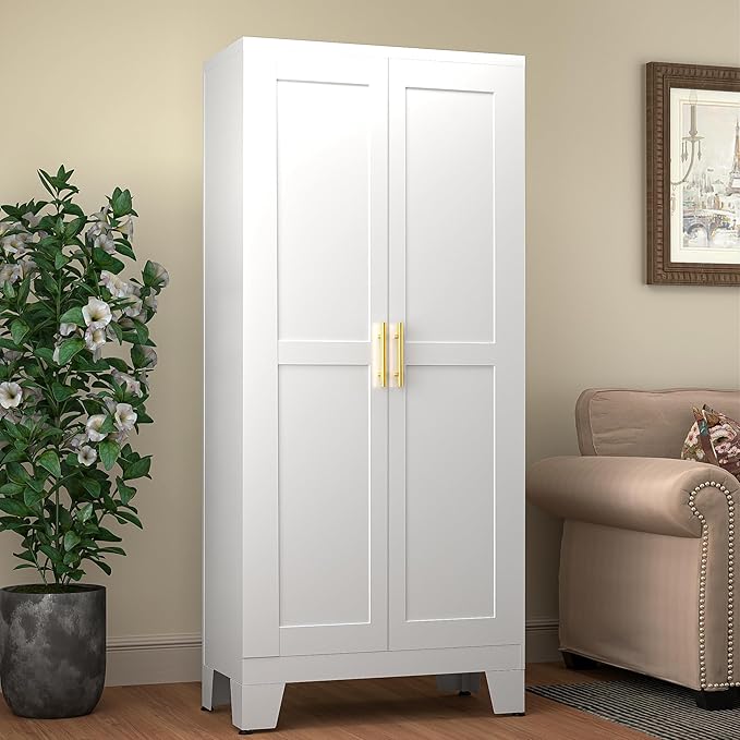 61.02" Pantry Cabinet, Kitchen Pantry Storage Cabinets with Adjustable Shelves and Feet, White Pantry Storage Cabinet for Kitchen, Dining Room, Living Room and Bathroom (White) Metal-CasaMuseHome