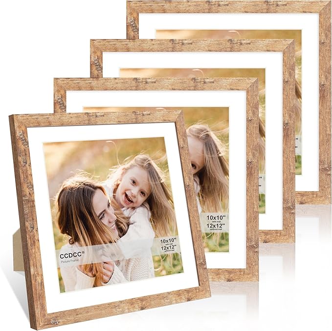 12x12 Picture Frame Set of 4, 12 x 12 Wood Photo Frames with Mat for 10x10 or 30x30cm Diamond Painting Art, Wooden Frame with Real Glass Cover for Wall and Tabletop Display,Brown-CasaMuseHome