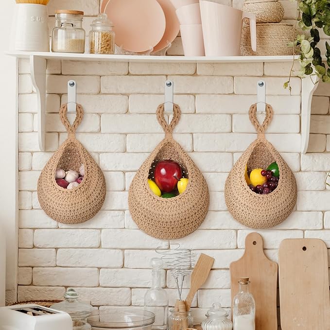 AARAINBOW Boho Wall Hanging Baskets for Kitchen Storage, Fruit Woven Wall Basket 9 Pcs, Hanging Vegetable and Onion Storage with 24 Hooks （Brown）-CasaMuseHome