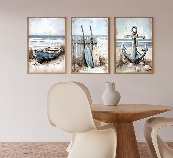 3Pcs Nautical Beach Wall Art Sailboat Paddle and Anchor Paintings Pictures Wall Decor Nautical Coastal Posters Prints Artwork for Living Room Bedroom Home Office Corridor Home Decroation Unframed-CasaMuseHome