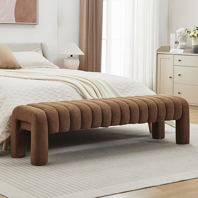 63" Bedroom Bench, Upholstered Entryway Bench, Modern End of Bed Ottoman with Solid Wood Legs and Adjustable Foot Pegs for Entryway, Dining Room and Living Room (Brown Boucle)-CasaMuseHome