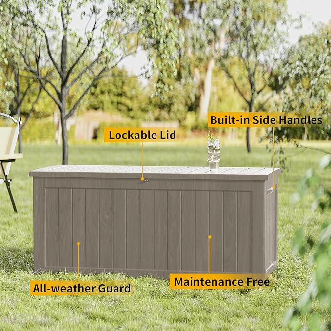 270 Gallon Outdoor Storage Box Patio Deck Box Waterproof, Resin Lockable Outside Large Storage Bin for Pool Cushion Furniture, Garden Tools UV-Resistant, Grey-CasaMuseHome