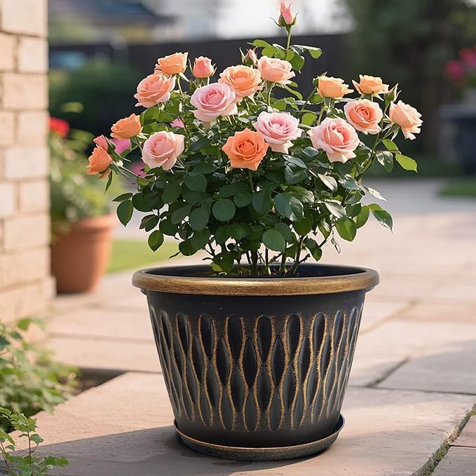 6 Pack 8 Inch Retro Plant Pots, Vintage Striped Flower Pots with Drainage Hole & Saucer, Large Plastic Planters for Indoor and Outdoor Plants, Decorative Garden Pots(Gold)-CasaMuseHome