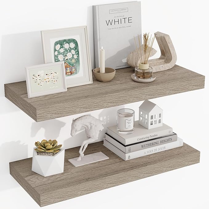 24 Inch Floating Shelves, 3D Textured Wood Grain, 24"x9.25"x1.5" Inch Deep Floating Shelves for Wall, Wooden Shelves for Bathroom, Bedroom, Living Room, Vintage Gray Oak-CasaMuseHome