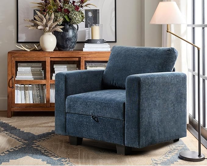38.5 Oversized Accent Chair with Storage Blue Chenille, Single Modern Accent Sofa Chair with Arms for Apartment Living Room (21" Deep Seat)-CasaMuseHome