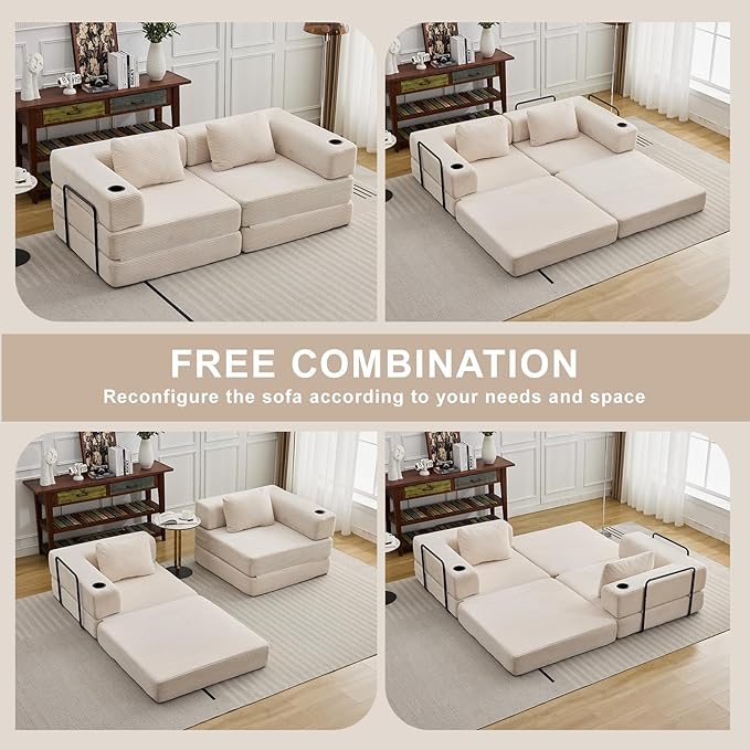 78" W Loveseat Sofa, 4 in 1 Convertible Floor Sofa Bed, Boneless Cloud Couch with Cup Holder, Fold Out Floor Couch, Loveseat Recliner Sleeper for Living Room Bedroom Lounge(Corduroy, White)-CasaMuseHome