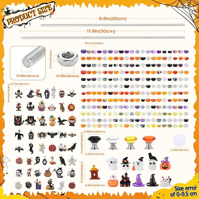 358PCS Halloween Beaded Garden Stakes, DIY Halloween Fairy Wand Garden Stake Decorative Kit with 12 in or 10 in Threaded Rod, Crystal Top, Large Holes Bead, Pendant for Outdoor or Indoor Decoration-CasaMuseHome
