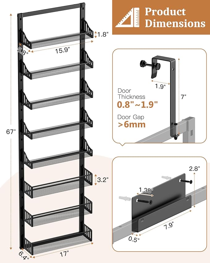 8-Tier Over the Door Pantry Organizer, Large Metal Door Spice Rack with Adjustable Basket, 2 in 1 Wall Mount or Hanging Heavy-Duty Pantry Door Storage Shelf for Kitchen and Bathroom, Black-CasaMuseHome